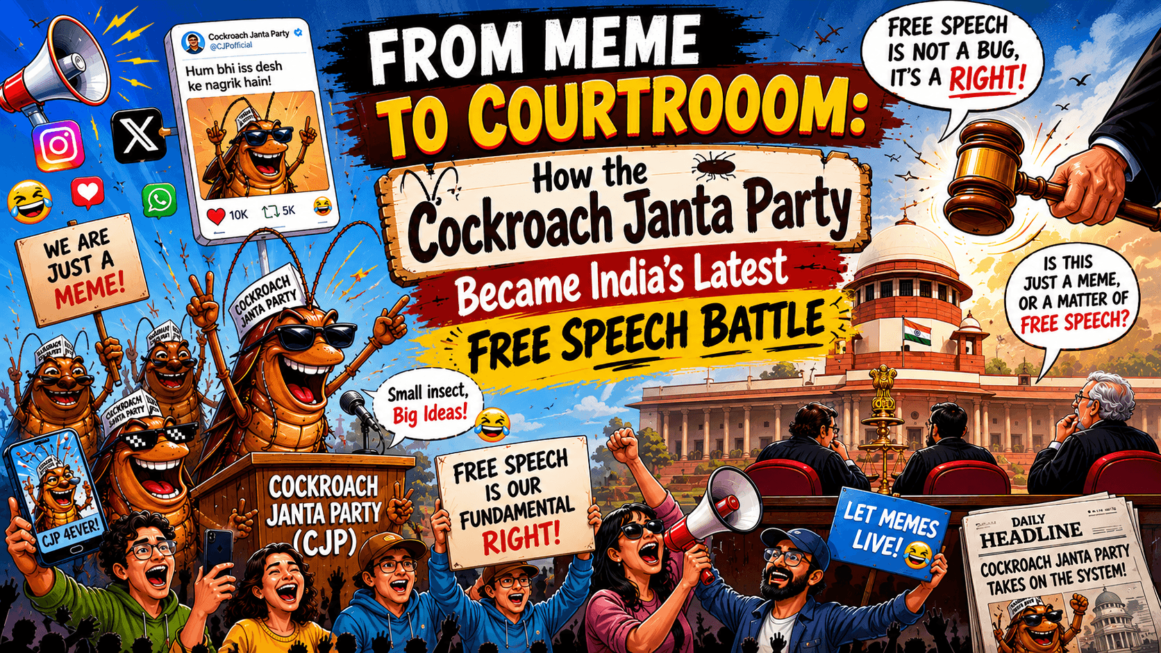 Cockroach Janta Party How a viral parody meme poking fun at a judge's comments exploded into India’s fiercest courtroom battle over free speech.