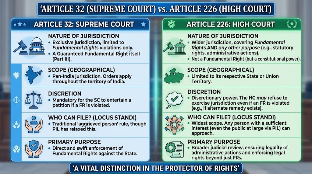 Art. 32 Vs. Art. 226 What to Do If Your Fundamental Rights Are Violated in India: A Complete Guide to Article 32 & Article 226